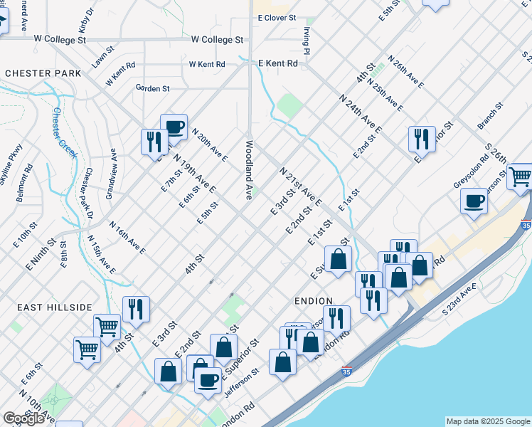 map of restaurants, bars, coffee shops, grocery stores, and more near 1919 East 3rd Street in Duluth