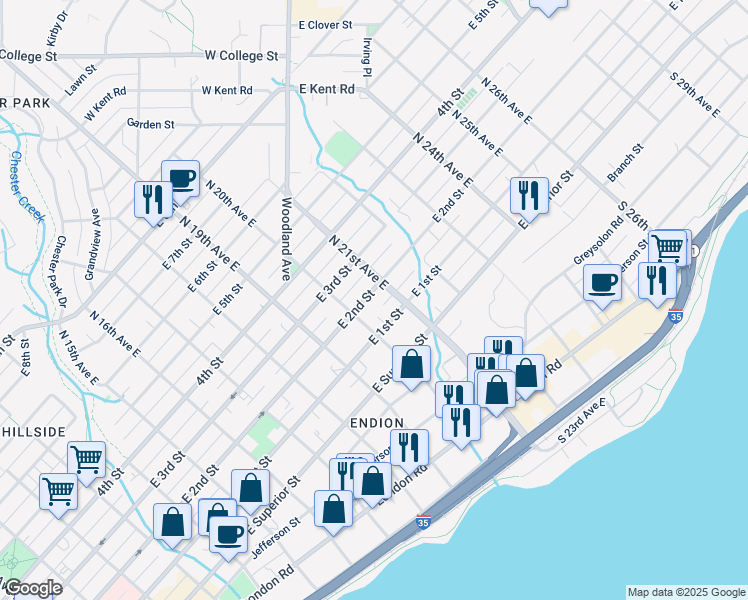 map of restaurants, bars, coffee shops, grocery stores, and more near 2018 East 2nd Street in Duluth