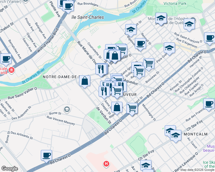 map of restaurants, bars, coffee shops, grocery stores, and more near 265 Rue Lafayette in Ville de Québec