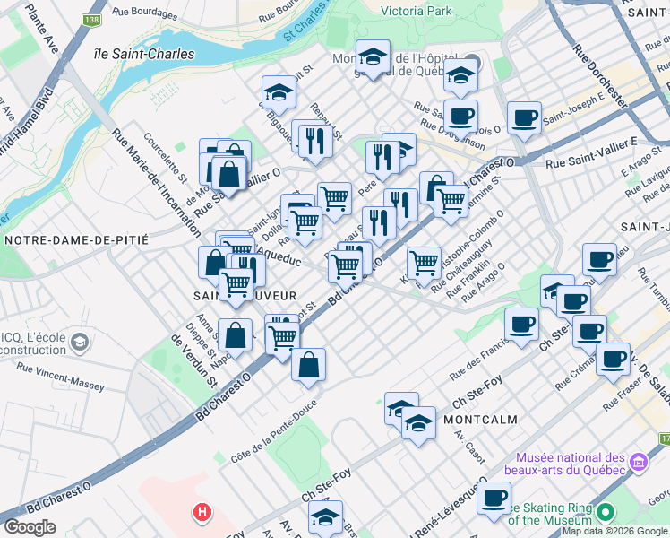 map of restaurants, bars, coffee shops, grocery stores, and more near 583 Rue Napoléon in Québec