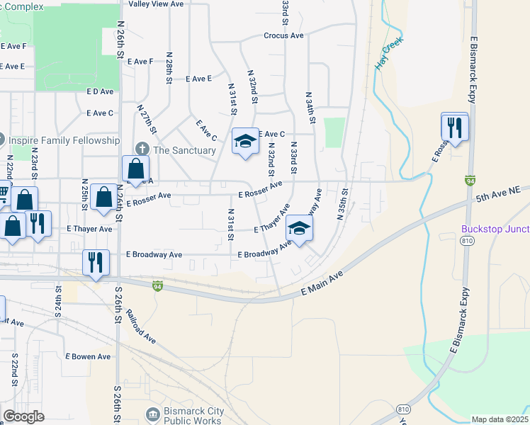 map of restaurants, bars, coffee shops, grocery stores, and more near 305 Eastdale Drive in Bismarck