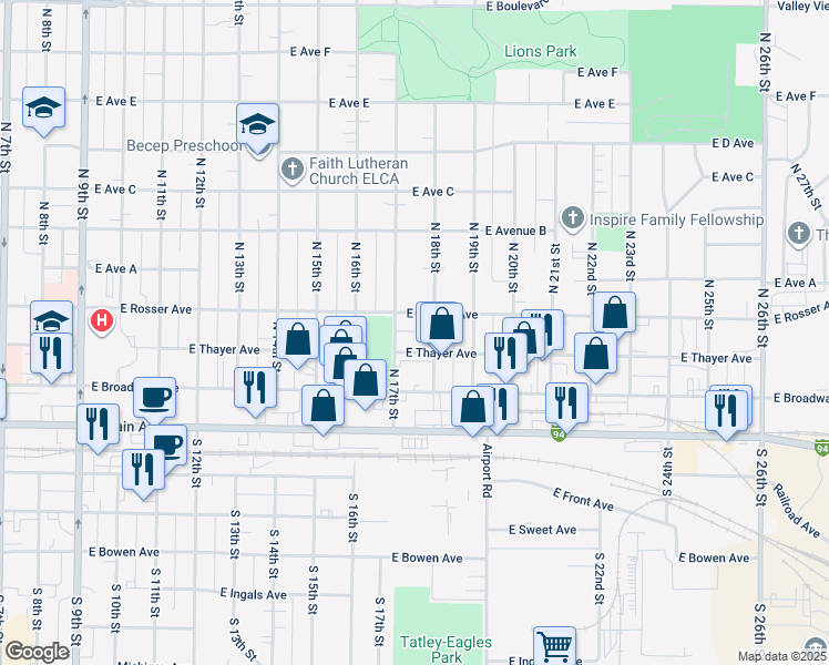 map of restaurants, bars, coffee shops, grocery stores, and more near 5 East Thayer Avenue in Bismarck