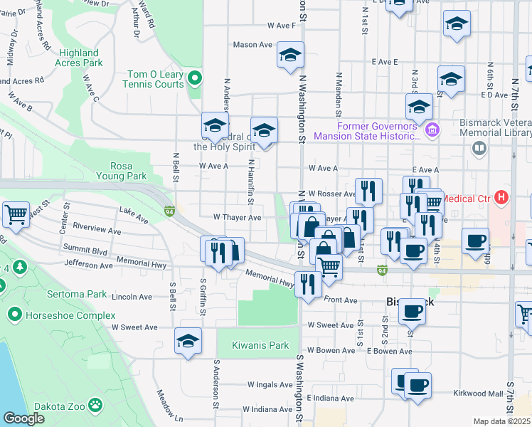 map of restaurants, bars, coffee shops, grocery stores, and more near 410 West Thayer Avenue in Bismarck