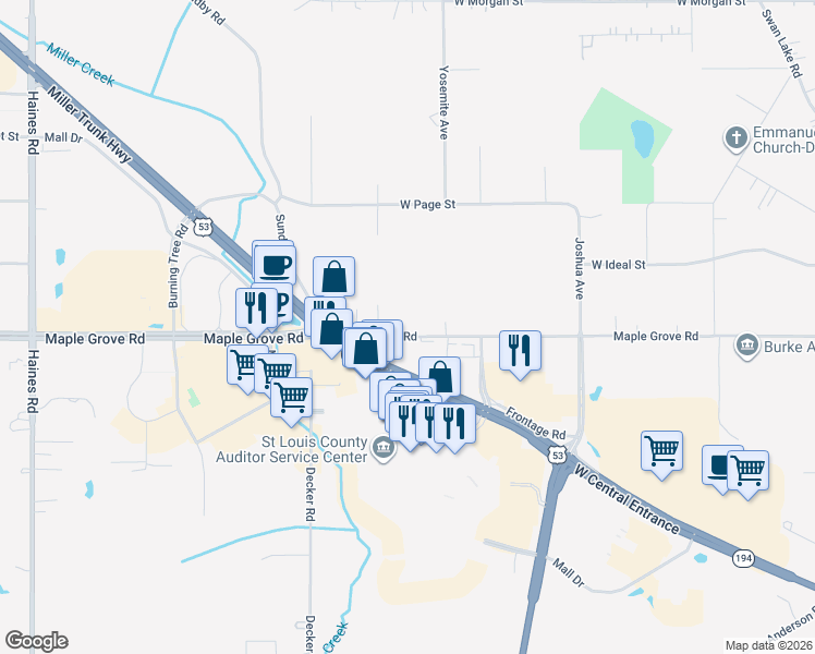 map of restaurants, bars, coffee shops, grocery stores, and more near 1618 Maple Grove Road in Duluth