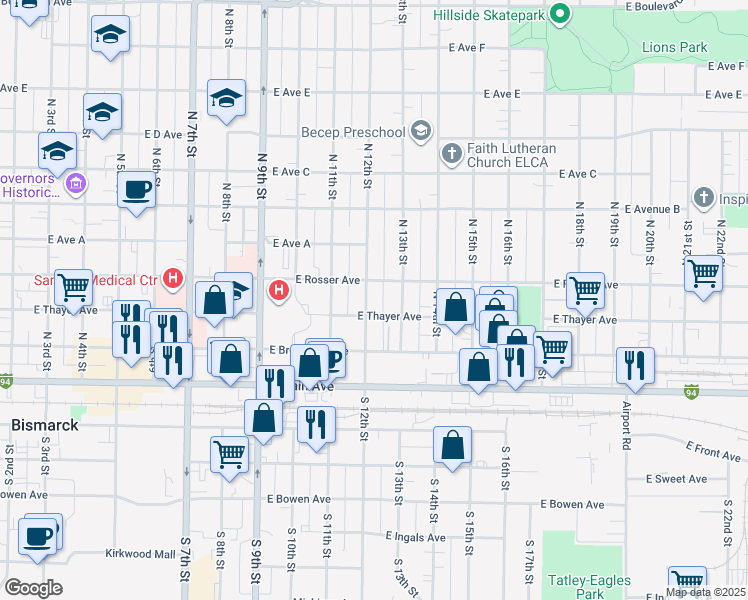 map of restaurants, bars, coffee shops, grocery stores, and more near 1224 East Thayer Avenue in Bismarck