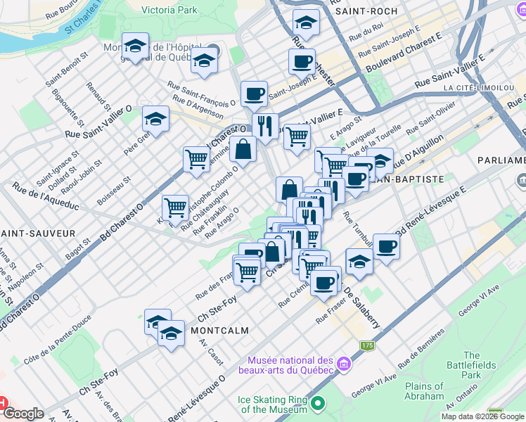 map of restaurants, bars, coffee shops, grocery stores, and more near 632 Rue de Mazenod in Québec