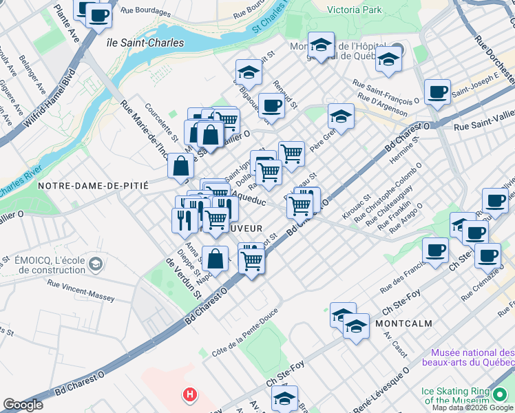 map of restaurants, bars, coffee shops, grocery stores, and more near 628 Avenue des Oblats in Québec