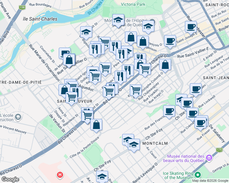 map of restaurants, bars, coffee shops, grocery stores, and more near 430 Rue Saint-Luc in Québec