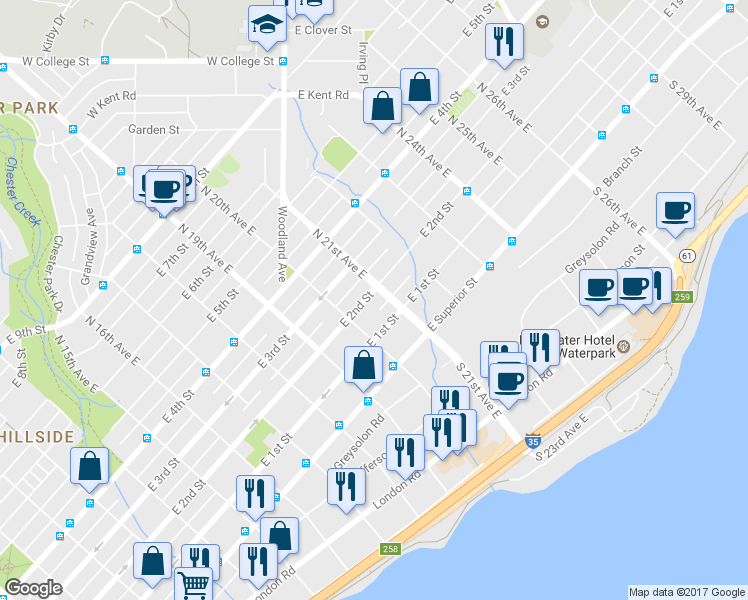 map of restaurants, bars, coffee shops, grocery stores, and more near 2024 East 2nd Street in Duluth
