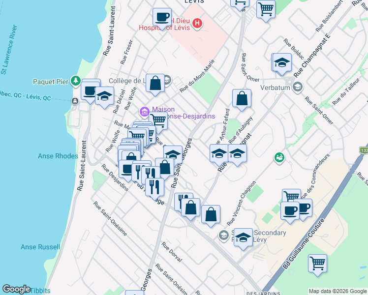 map of restaurants, bars, coffee shops, grocery stores, and more near 6141 Rue Saint-Georges in Lévis