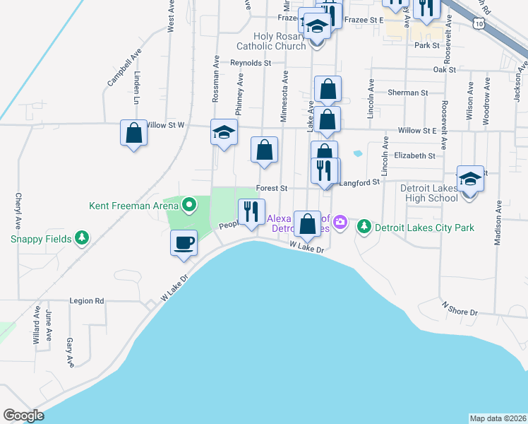map of restaurants, bars, coffee shops, grocery stores, and more near 1317 Summit Avenue in Detroit Lakes