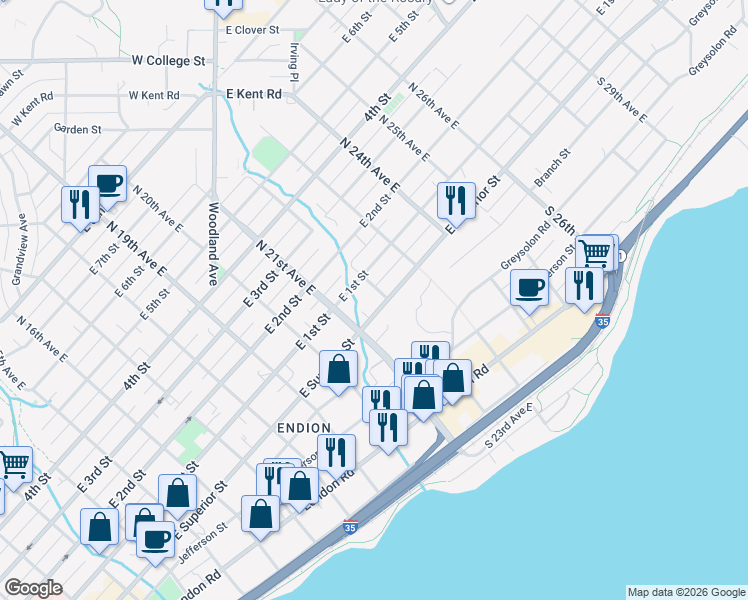 map of restaurants, bars, coffee shops, grocery stores, and more near 2115 East Superior Street in Duluth