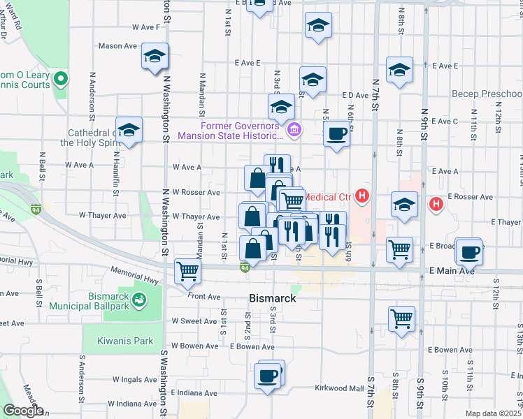 map of restaurants, bars, coffee shops, grocery stores, and more near 214 East Thayer Avenue in Bismarck