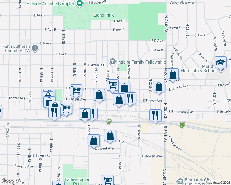 map of restaurants, bars, coffee shops, grocery stores, and more near 2112 East Thayer Avenue in Bismarck