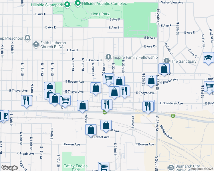 map of restaurants, bars, coffee shops, grocery stores, and more near 2112 East Thayer Avenue in Bismarck
