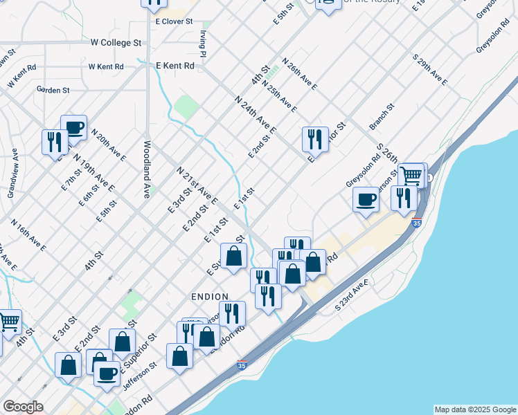 map of restaurants, bars, coffee shops, grocery stores, and more near in Duluth