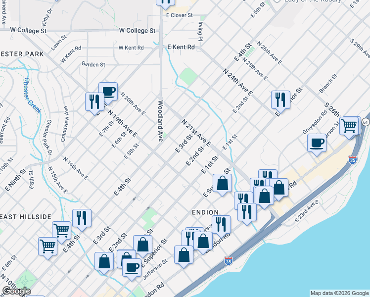 map of restaurants, bars, coffee shops, grocery stores, and more near 1931 East 2nd Street in Duluth