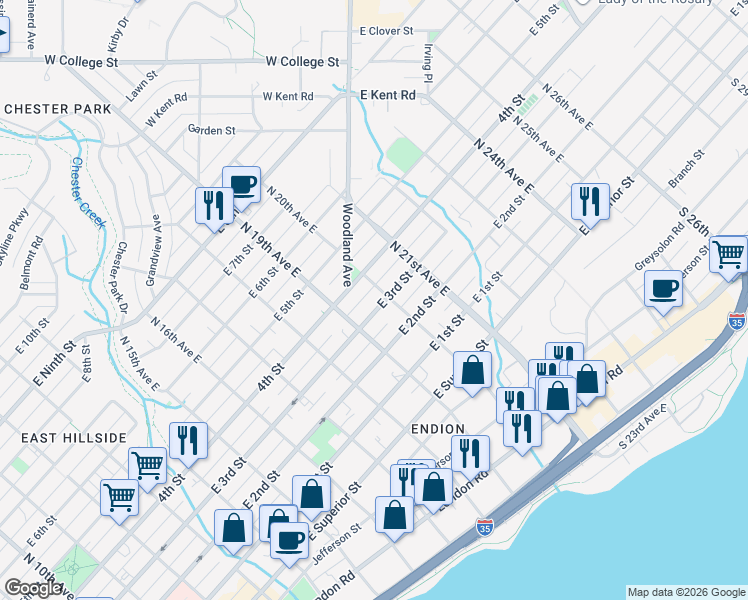 map of restaurants, bars, coffee shops, grocery stores, and more near 1911 East 3rd Street in Duluth