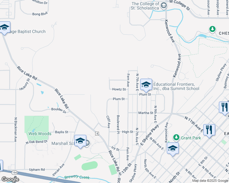 map of restaurants, bars, coffee shops, grocery stores, and more near 323 Plum Street in Duluth