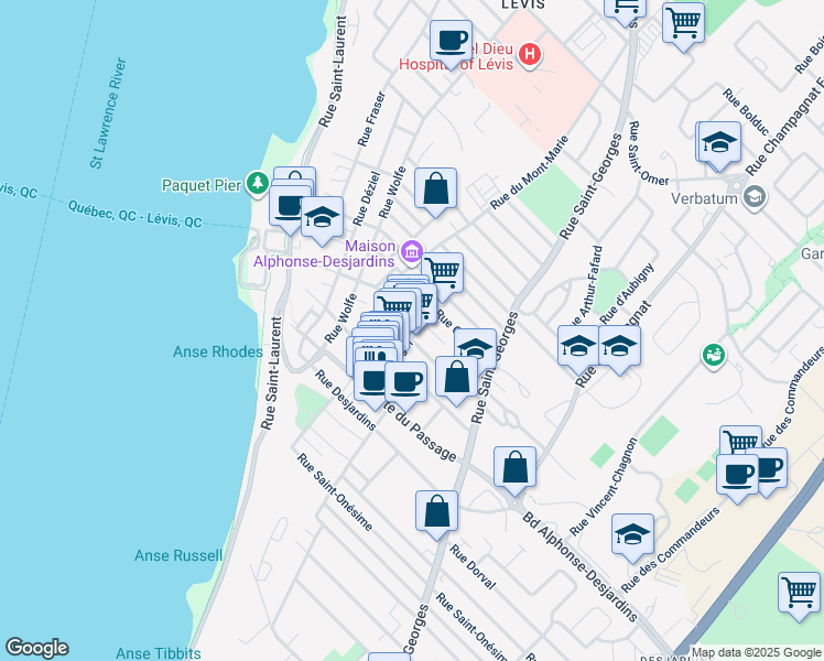 map of restaurants, bars, coffee shops, grocery stores, and more near 14A Avenue Bégin in Lévis