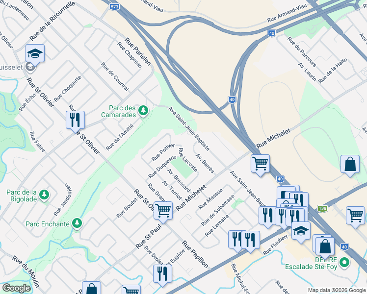 map of restaurants, bars, coffee shops, grocery stores, and more near 3840 Rue Lacoste in Québec