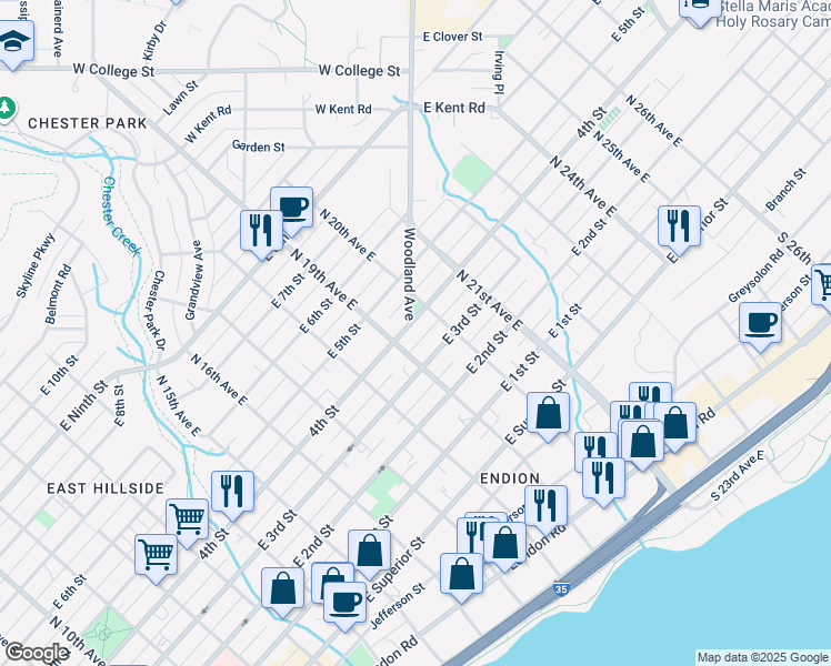 map of restaurants, bars, coffee shops, grocery stores, and more near 1910 East 4th Street in Duluth