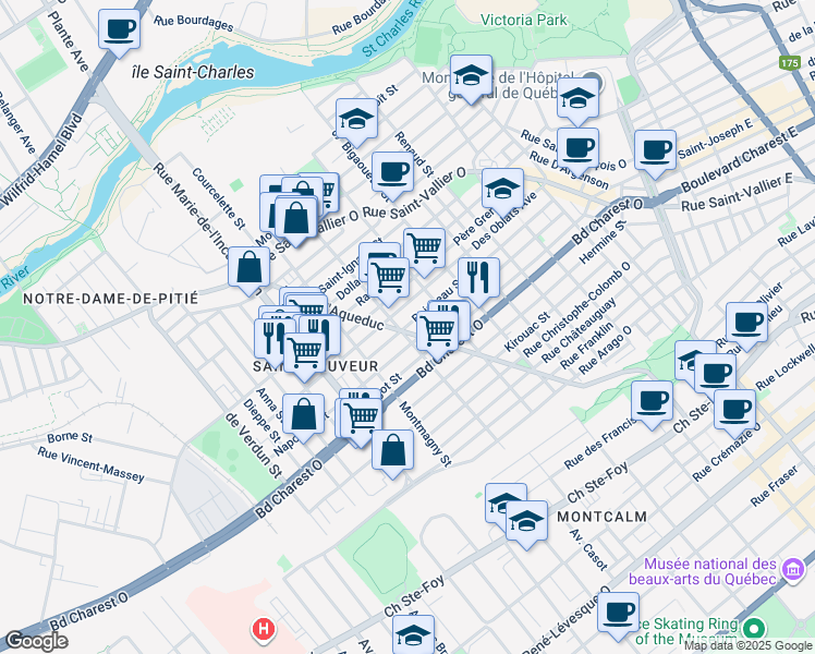 map of restaurants, bars, coffee shops, grocery stores, and more near 587 Rue Boisseau in Ville de Québec