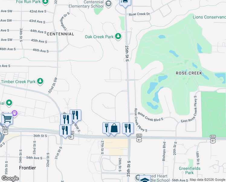 map of restaurants, bars, coffee shops, grocery stores, and more near 4808 Meadow Creek Drive Southwest in Fargo