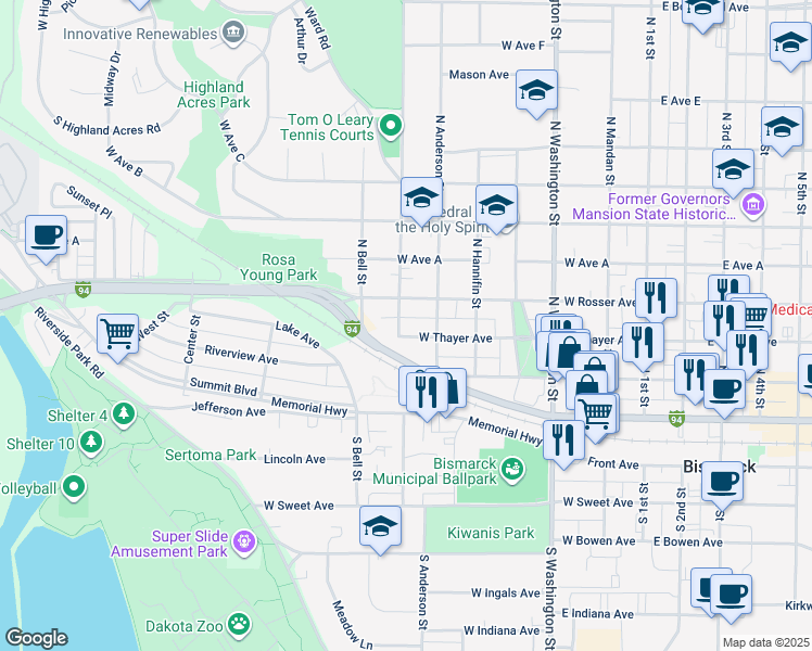 map of restaurants, bars, coffee shops, grocery stores, and more near 622 West Thayer Avenue in Bismarck