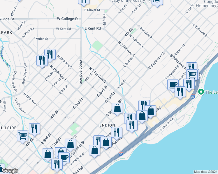 map of restaurants, bars, coffee shops, grocery stores, and more near 2018 East 2nd Street in Duluth