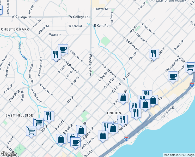 map of restaurants, bars, coffee shops, grocery stores, and more near 1911 East 3rd Street in Duluth