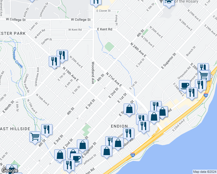 map of restaurants, bars, coffee shops, grocery stores, and more near 2006 East 3rd Street in Duluth