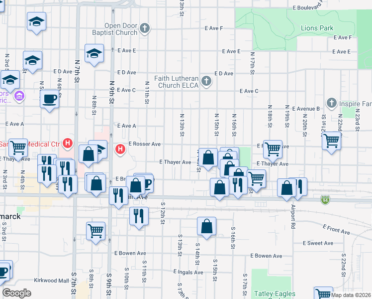 map of restaurants, bars, coffee shops, grocery stores, and more near 319 North 13th Street in Bismarck