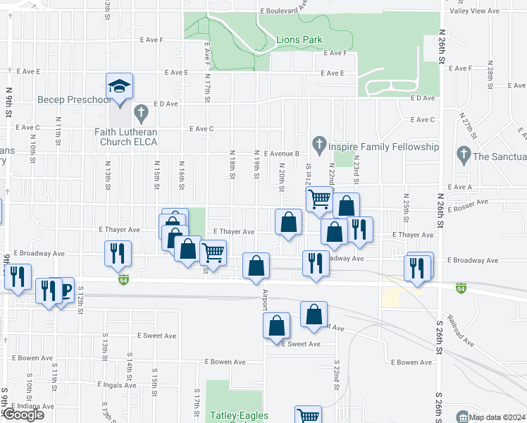 map of restaurants, bars, coffee shops, grocery stores, and more near 1906 East Thayer Avenue in Bismarck