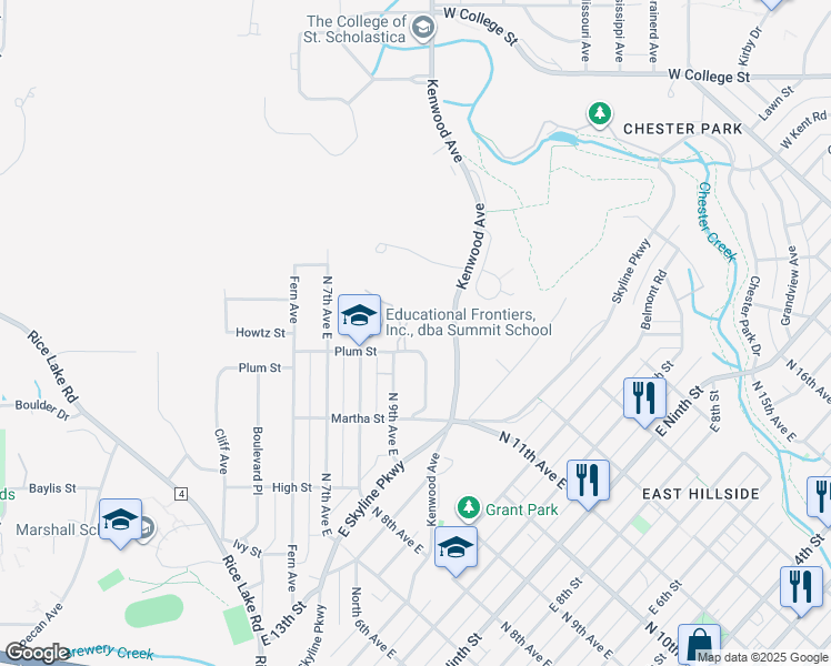 map of restaurants, bars, coffee shops, grocery stores, and more near 902 Plum Street in Duluth