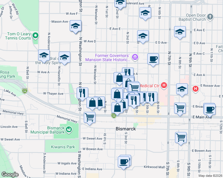 map of restaurants, bars, coffee shops, grocery stores, and more near 122 East Thayer Avenue in Bismarck