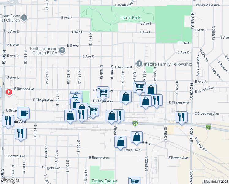 map of restaurants, bars, coffee shops, grocery stores, and more near 1906 East Thayer Avenue in Bismarck