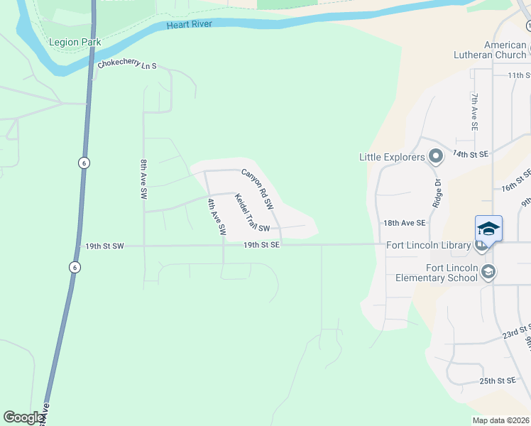 map of restaurants, bars, coffee shops, grocery stores, and more near 1500 Canyon Road Southwest in Mandan