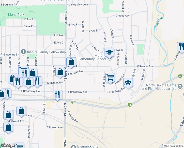 map of restaurants, bars, coffee shops, grocery stores, and more near 328 North 31st Street in Bismarck