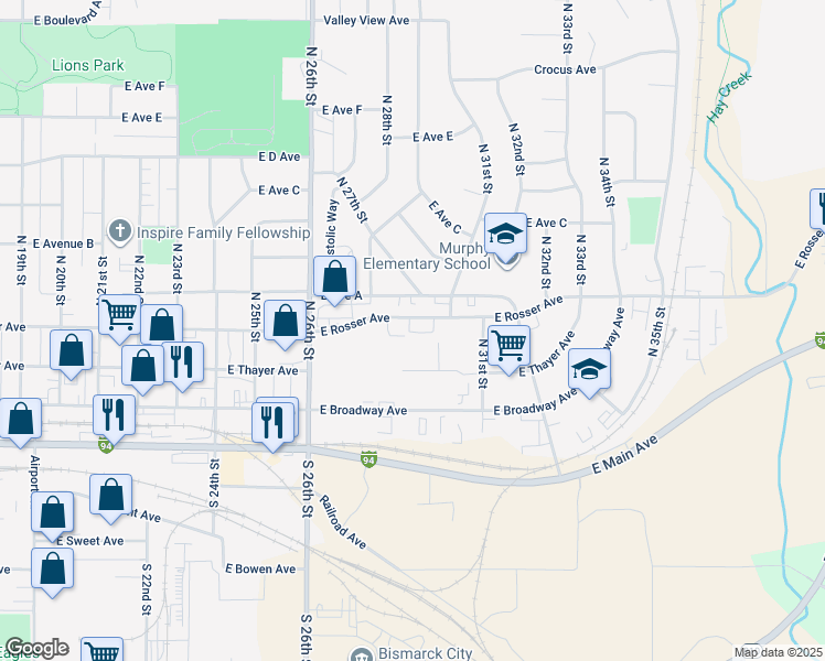 map of restaurants, bars, coffee shops, grocery stores, and more near 328 North 31st Street in Bismarck