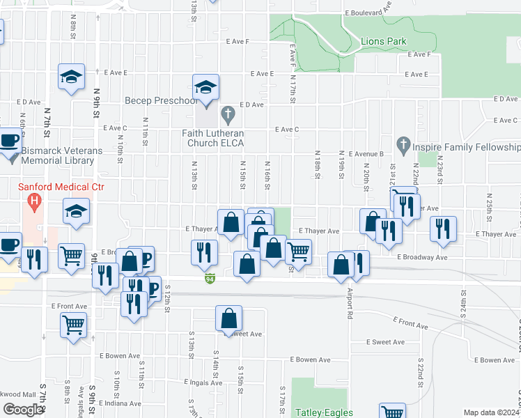map of restaurants, bars, coffee shops, grocery stores, and more near 1514 East Thayer Avenue in Bismarck