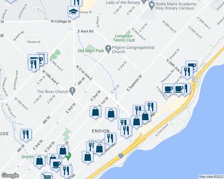 map of restaurants, bars, coffee shops, grocery stores, and more near 21 North 21st Avenue East in Duluth