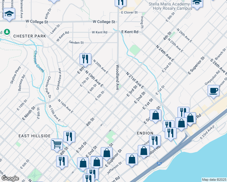 map of restaurants, bars, coffee shops, grocery stores, and more near 1830 East 4th Street in Duluth