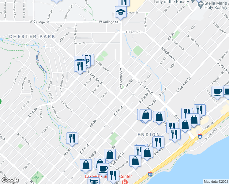 map of restaurants, bars, coffee shops, grocery stores, and more near 1830 East 4th Street in Duluth