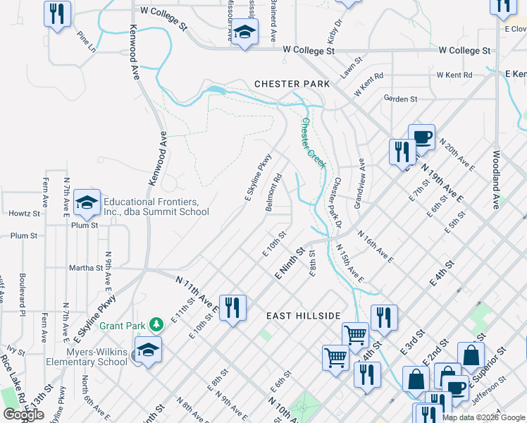 map of restaurants, bars, coffee shops, grocery stores, and more near 1018 North 14th Avenue East in Duluth