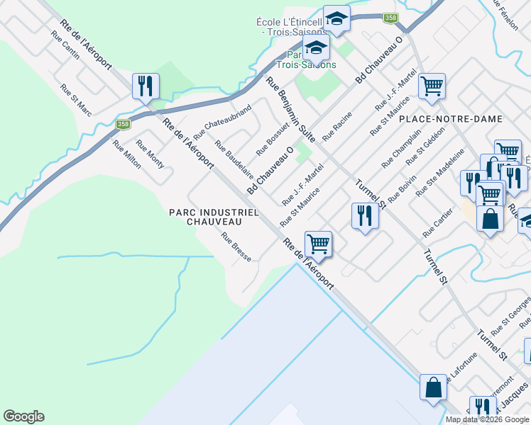 map of restaurants, bars, coffee shops, grocery stores, and more near 1791 Route de l'Aéroport in Québec