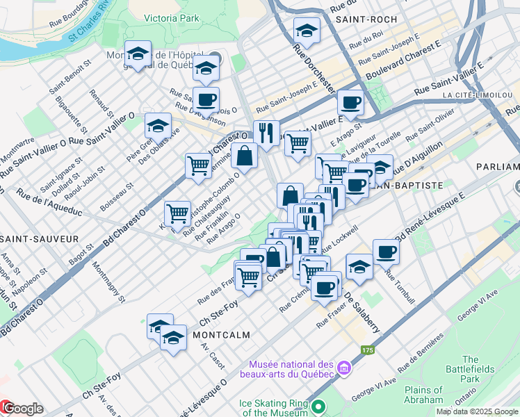 map of restaurants, bars, coffee shops, grocery stores, and more near 615 Rue de Mazenod in Ville de Québec