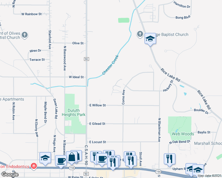 map of restaurants, bars, coffee shops, grocery stores, and more near 211 Bluffs Ridge Court in Duluth