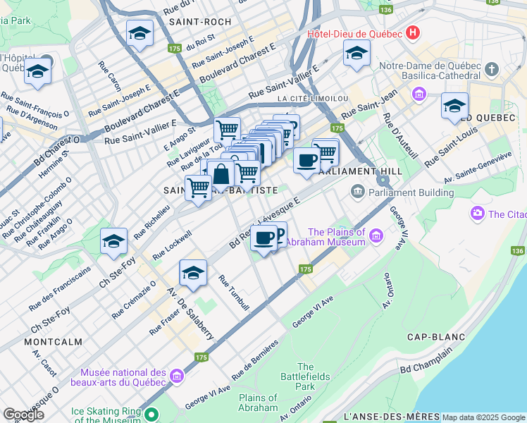 map of restaurants, bars, coffee shops, grocery stores, and more near 944 Rue de Lorne in Ville de Québec