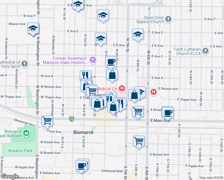map of restaurants, bars, coffee shops, grocery stores, and more near in Bismarck